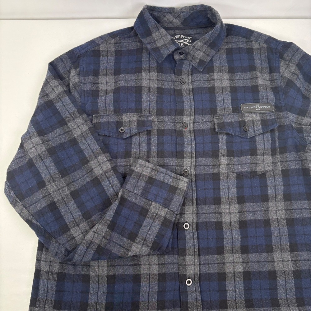 Grunt Style Mens Plaid Flannel Button Up Shirt Blue Gray Size Medium